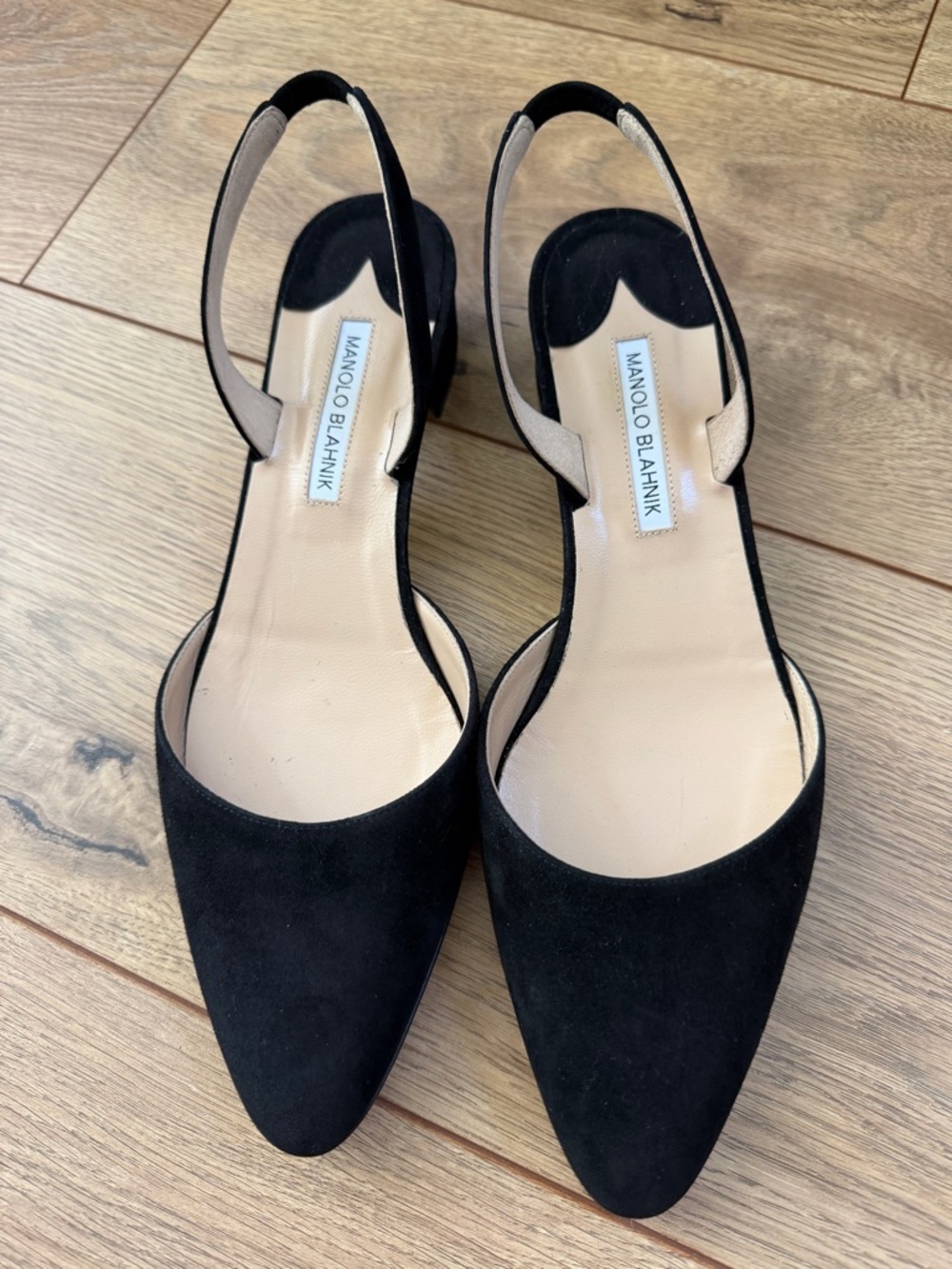 Manolo Blahnik Black Suede Pointed Slingback Mules